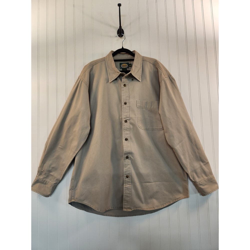 Cabelas Mens Khaki Tan Cotton Twill Long Sleeve Button Down Work Shirt L Reg